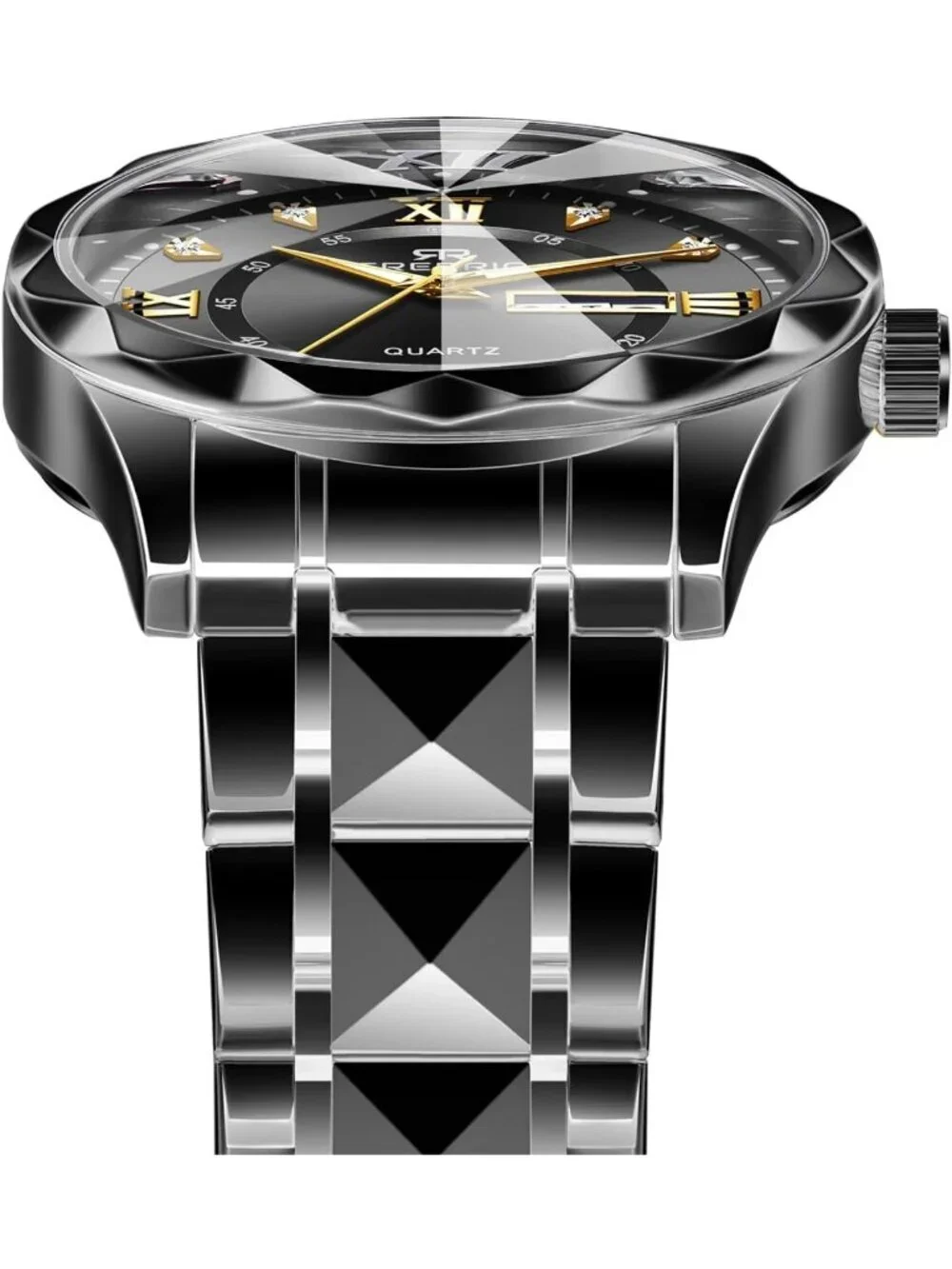 Mens Black Stainless Steel Waterproof Diamond Analog Quartz Luminous Wrist Watch